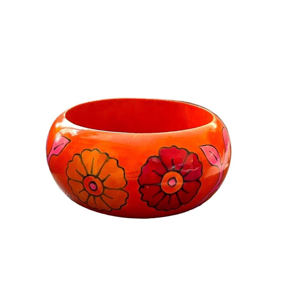 Vintage Bangle Bracelet Wooden Orange Pink Floral Boho Mod Hippie Groovy